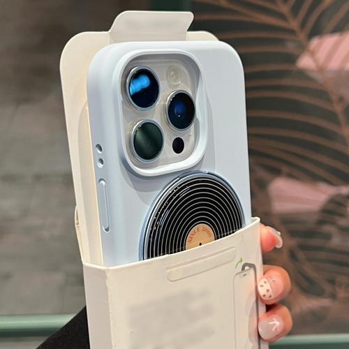 一体拍照按键奶蓝液态硅胶耐脏适用苹果16手机壳15promax黑胶CD唱片旋转金属支架14全包防摔13少女新款补妆镜