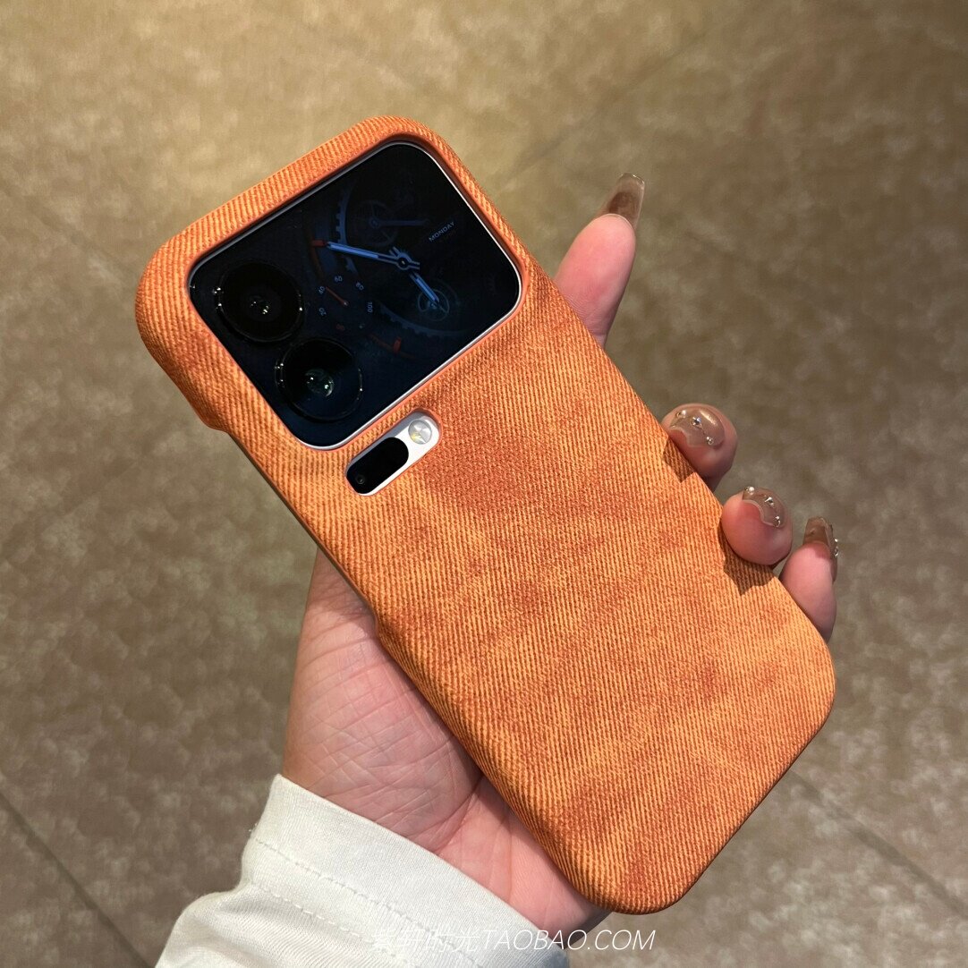小众高级感橙色素皮牛仔纹适用15小米17pro手机壳iPhone苹果17promax橘色16半包14Ultra华为mate70防摔Pura80