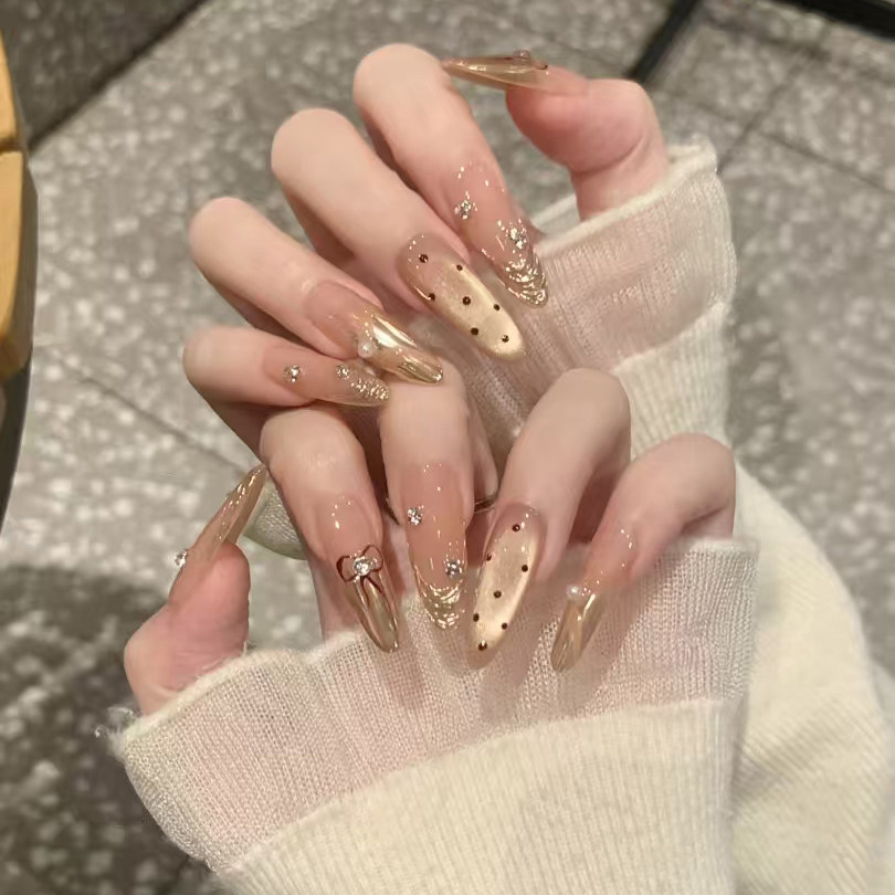 香槟金波点猫眼纯手工穿戴甲秋冬鎏金法式高级感显白气质美甲贴片,彩妆/香水/美妆工具,穿戴甲/甲片,淘宝优惠券,粉丝福利购,淘宝优惠卷