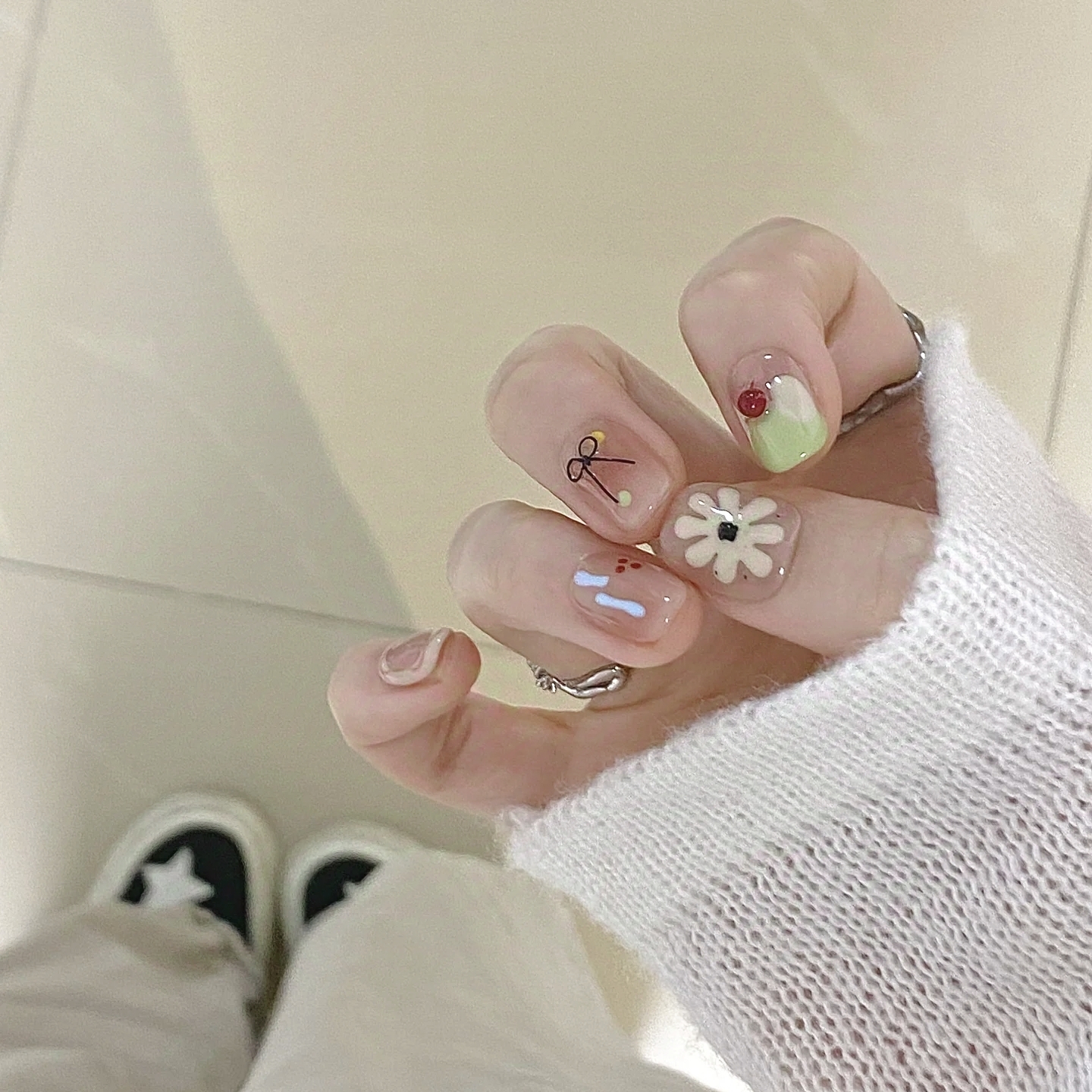 薄荷奶糖夏日美甲短款可爱纯手工