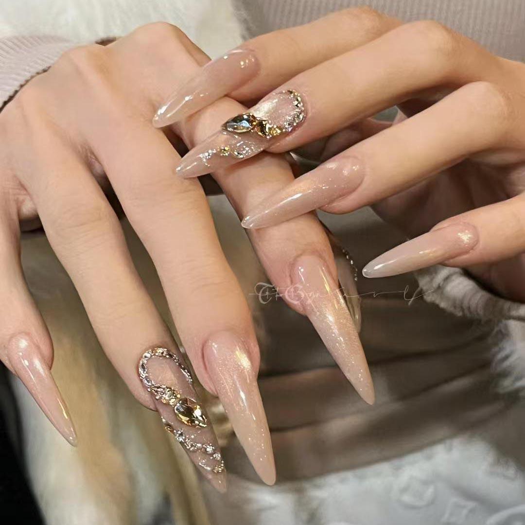 水滴纯手工轻奢穿戴甲中长款绝美法式清冷感满钻酷飒定制美甲