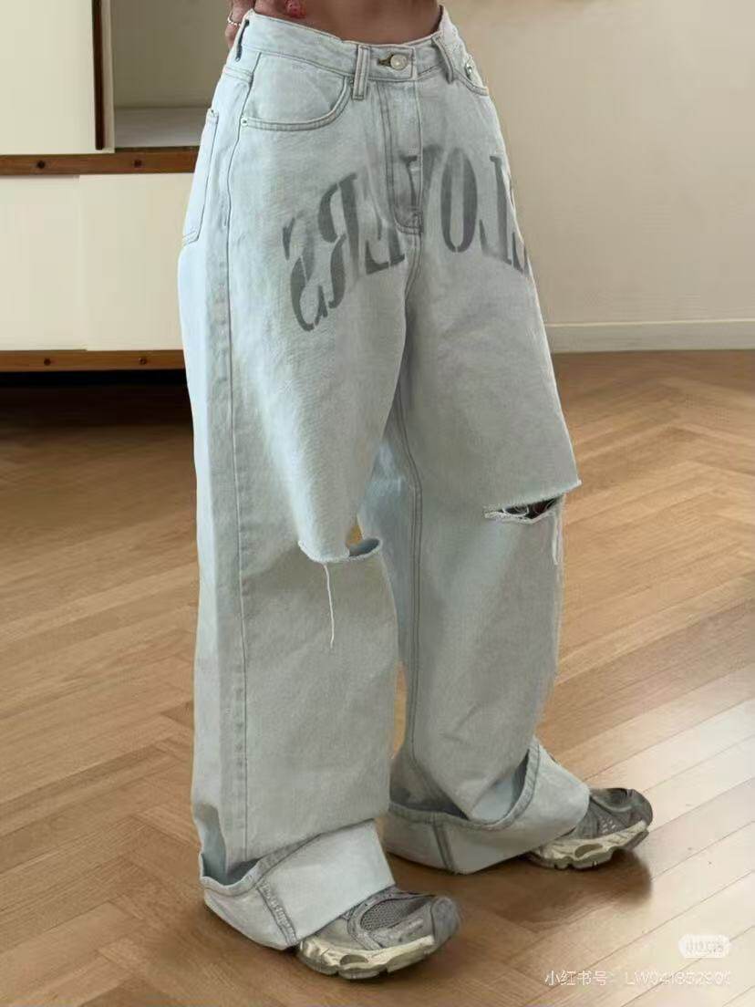 豆子豆瓣品牌儿童复古工装裤牛仔裤男女童高腰直筒宽松破洞阔腿裤