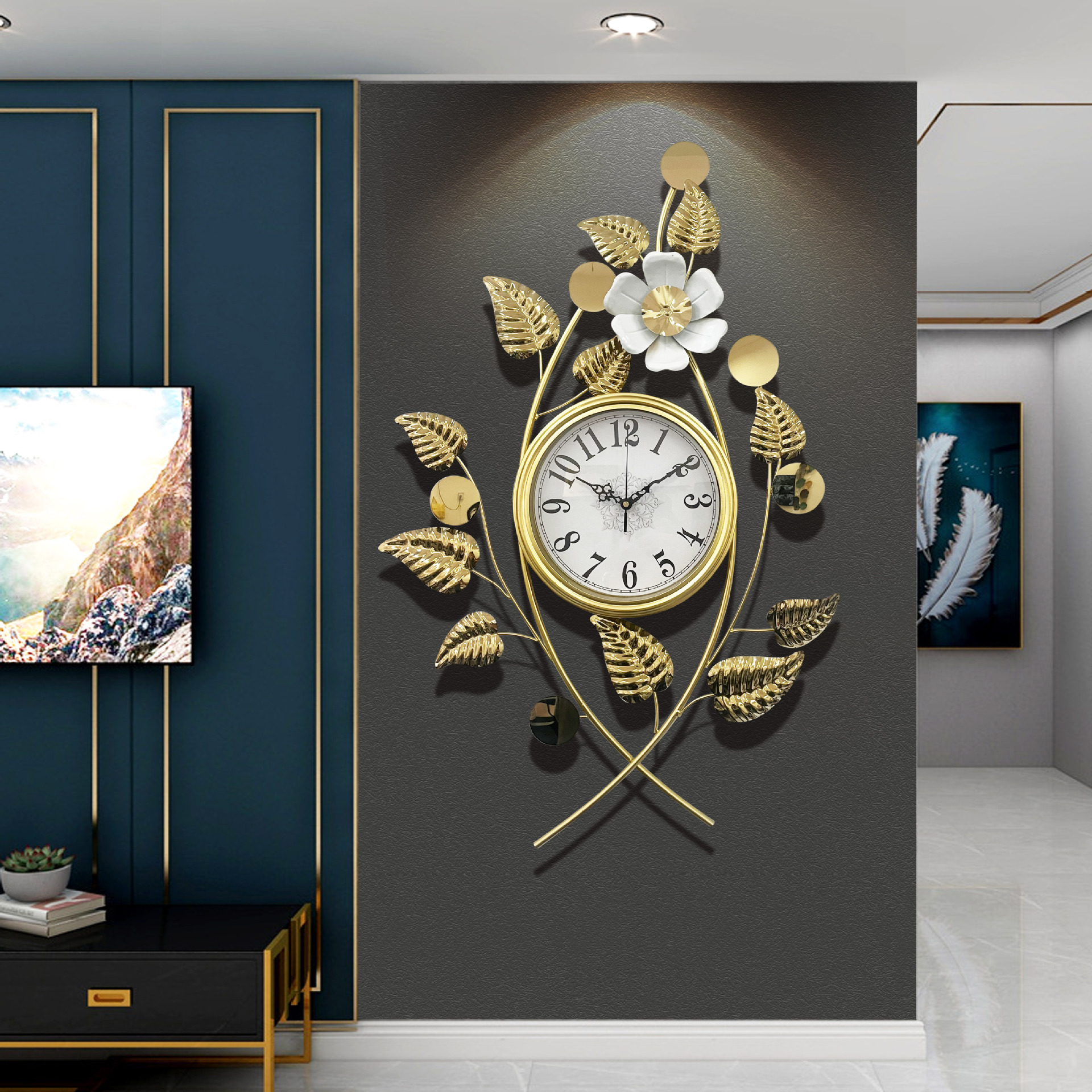 新中式创意钟表客厅餐厅时钟轻奢挂钟挂墙钟饰银杏叶艺术大气挂表