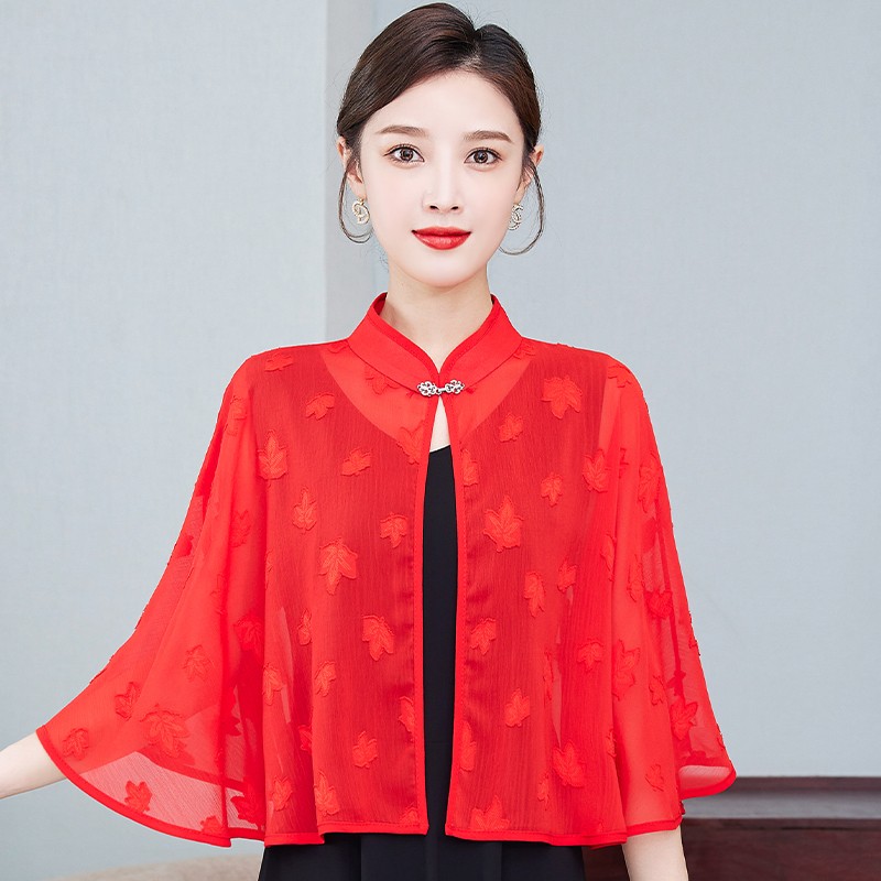 女防晒衫薄款冰丝小衫旗袍外披肩外搭时尚复古斗篷配裙子纯色纱衣