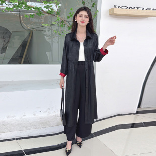 国风缎面提花外搭显瘦上衣 过膝单排扣外套七分袖 衬衫 领风衣女长款