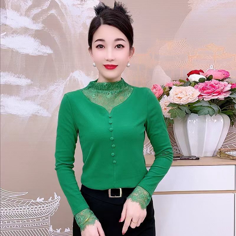 纯色长袖T恤蕾丝打底衫女修身显瘦内搭洋气上衣纱衣小衫外穿罩衫