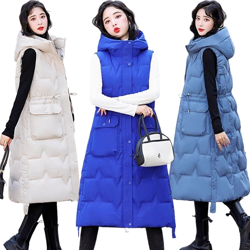 冬羽绒服棉马甲坎肩厚外套上衣女中长款过膝收腰显瘦棉服马夹棉衣
