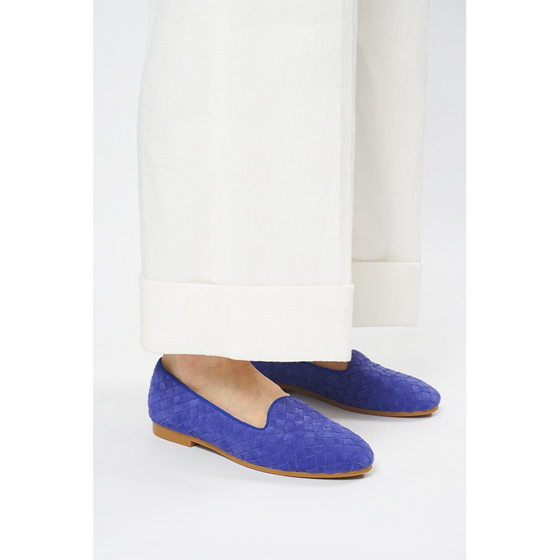 长春花蓝定染手工编织乐福鞋