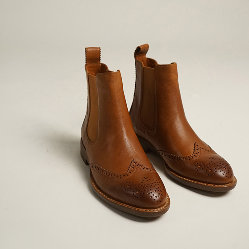 【狂欢价】手工鞋 經典英伦切尔西靴 复古布洛克雕花平底短靴女,女鞋,切尔西靴,淘宝优惠券,粉丝福利购,淘宝优惠卷