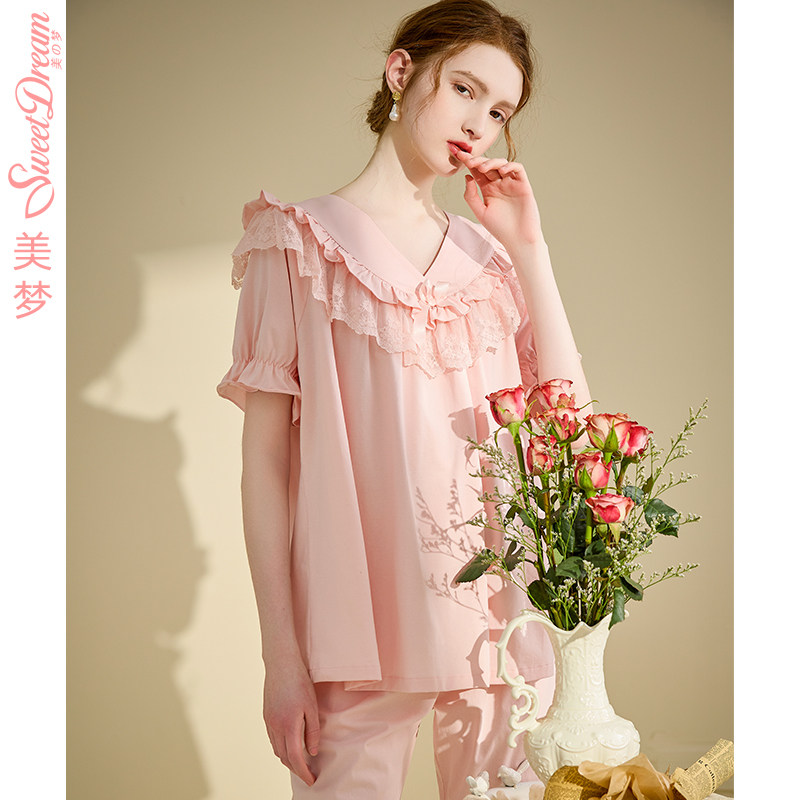 美梦夏季新款法式甜美温柔风花边睡衣套装短袖小个子女宽松家居服