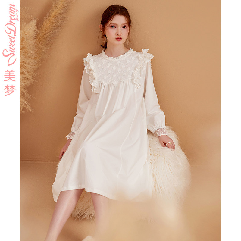 美梦2022秋季新款可爱少女睡裙长袖甜美花边宽松纯棉连衣裙家居服