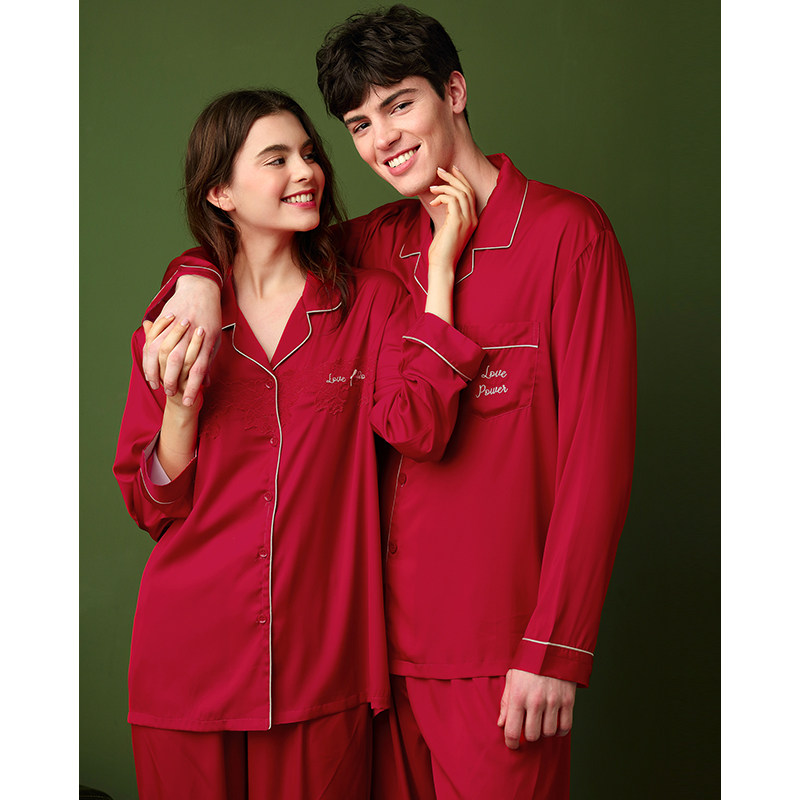 美梦夏季情侣冰丝绸长袖睡衣薄款大红色春秋套装可出门男女家居服