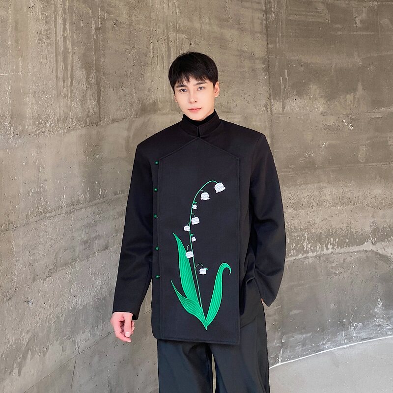 冬季新中式加厚毛呢立领西服外套潮流风刺绣铃兰禅意192P165,男装西服,星座901-1（原C217）