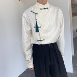 秋新中式缎面提花盘扣立领长袖男女衬衣流苏压襟风衬衫190P105，男装衬衫，星座901-1（原C217）