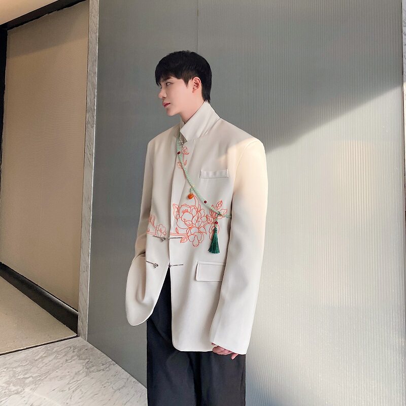 春季新中式山茶花刺绣垫肩阔型男女休闲西服复古潮流外套205P150,男装西服,星座901-1（原C217）
