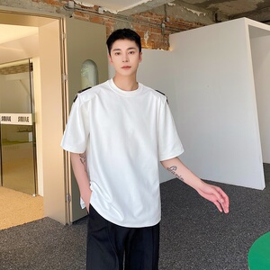 夏季简约韩版纯色垫肩皮袢设计圆领短袖男T恤雅痞休闲半袖157P70图片