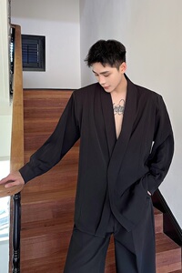 免烫速干丝光长袖韩版常规款衬衫套装外套男士秋季休闲夏季黑色图片