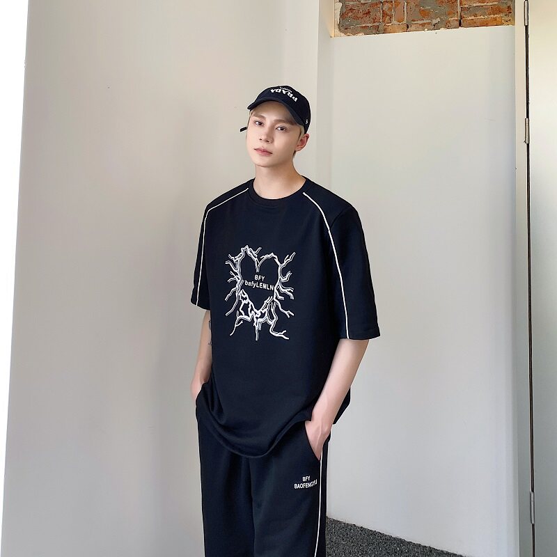 夏季潮流印花圆领短袖T恤套装韩版休闲长裤雅痞时髦两件套150P145图片