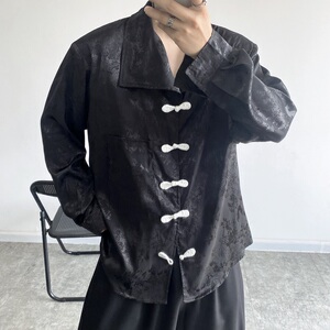 春季小众改良中式缎面提花复古盘扣翻领长袖男女衬衣暗黑123P85图片