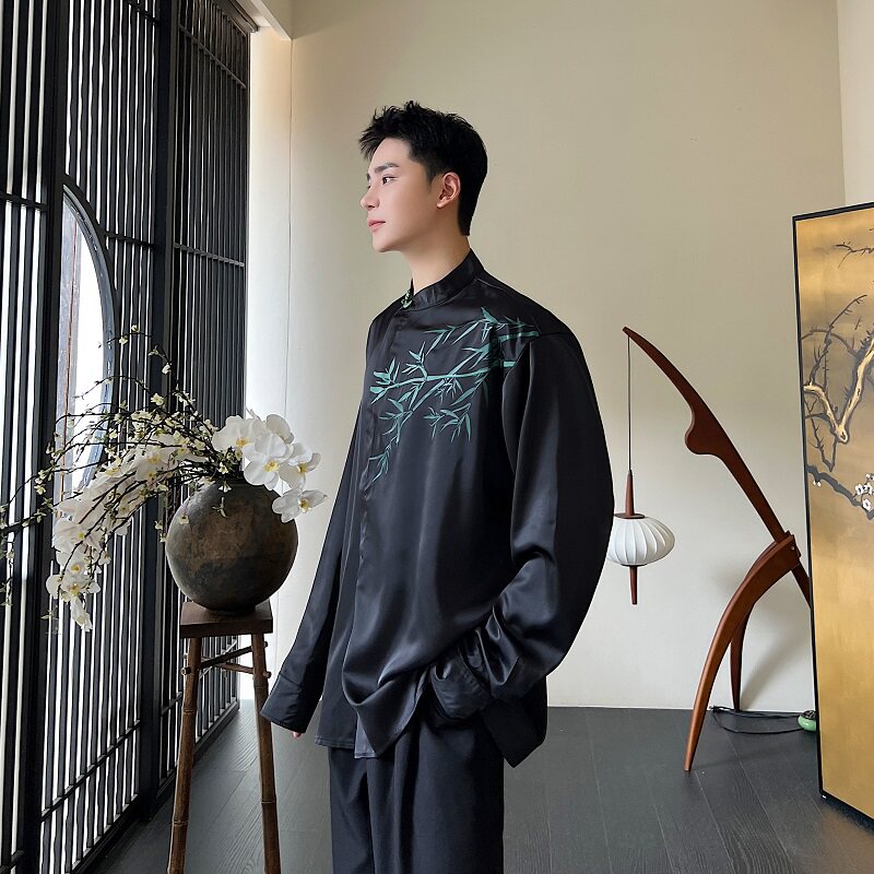秋季中式立领盘扣长袖男女衬衣潮流复古印花竹叶缎面衬衫176P75,男装衬衫,星座901-1（原C217）