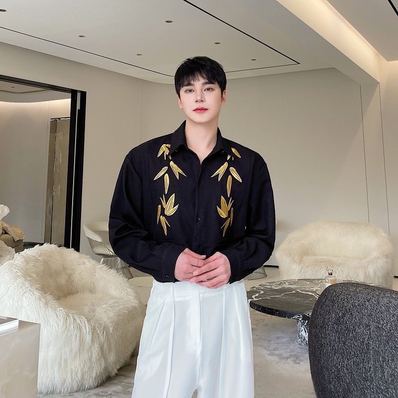 春季新中式刺绣翻领长袖男女衬衣潮流复古纯色风衬衫203P90,男装衬衫,星座901-1（原C217）