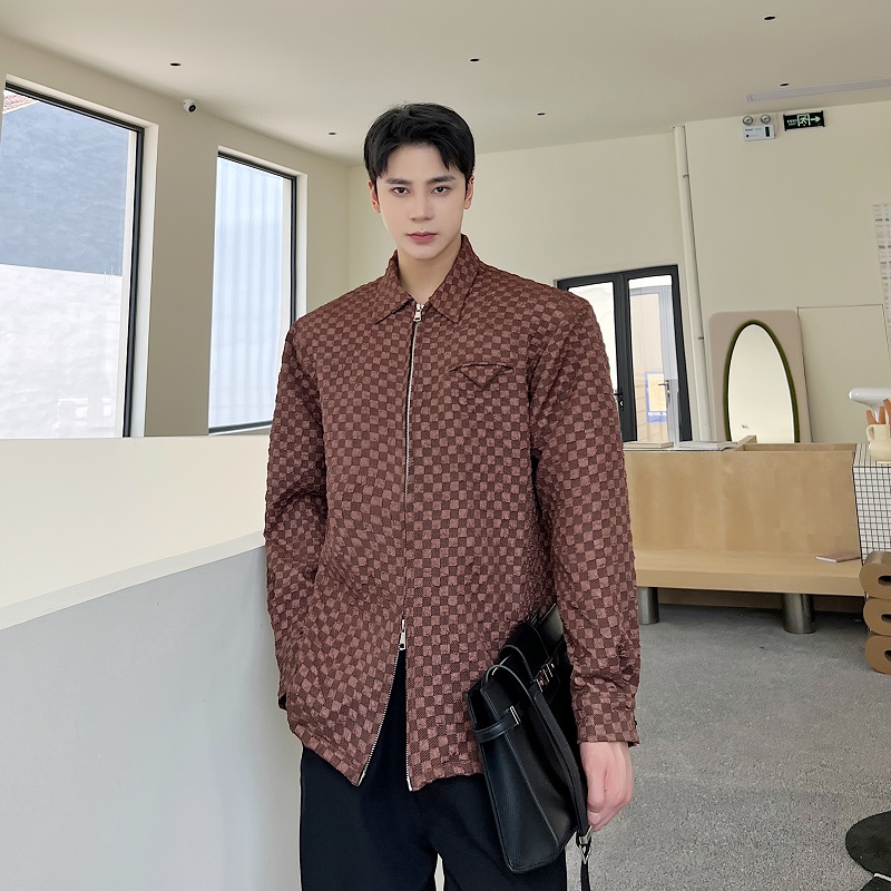 韩版小众个性肌理格纹拉链垫肩设计翻领长袖男衬衣痞帅衬衫102P80，男装衬衫，星座901-1（原C217）