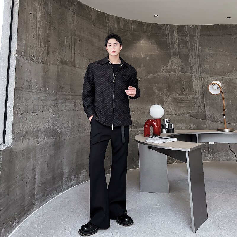 韩版小众个性肌理格纹拉链垫肩设计翻领长袖男衬衣痞帅衬衫102P80,男装衬衫,星座901-1（原C217）
