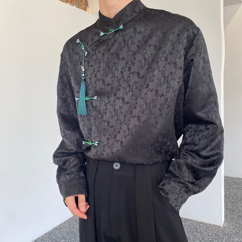 秋新中式缎面提花盘扣立领长袖男女衬衣流苏压襟风衬衫190P105,男装衬衫,星座901-1（原C217）