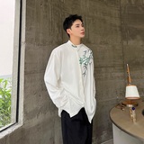 秋季中式盘扣立领长袖男女衬衣潮流复古缎面印花竹叶衬衫176P75，男装衬衫，星座901-1（原C217）