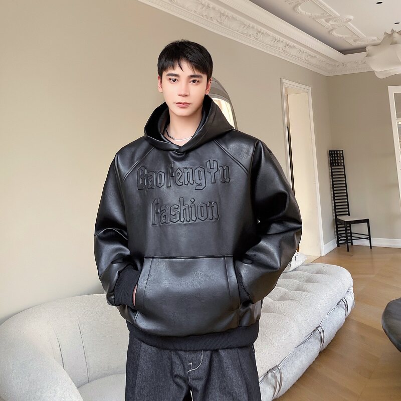 冬季潮流个性立体压花字母连帽男女套头皮衣外套痞帅上衣136P145,男装皮衣,星座901-1（原C217）