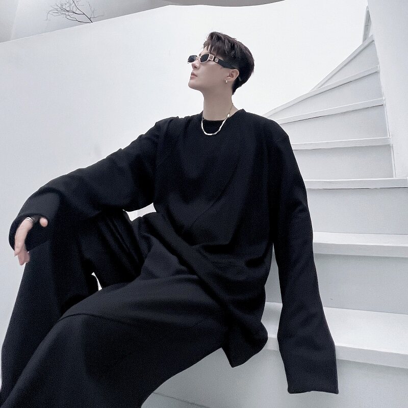 秋季潮流曲线拼接设计圆领长袖卫衣男痞帅纯色禁欲系T恤103P70,男装卫衣,星座901-1（原C217）