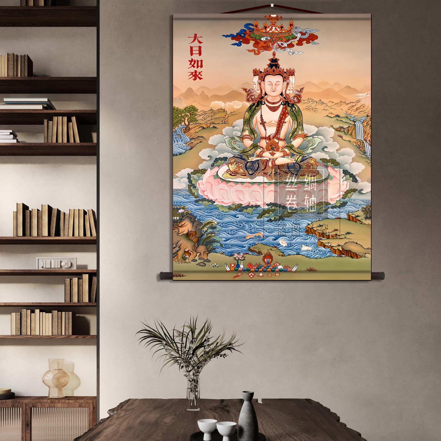 大日如来画像藏传唐卡佛像挂画佛堂中堂供奉画装饰丝绸卷轴挂画