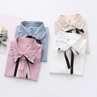 韩版 雪纺衫 甜美白衬衫 娃娃领系带木耳边长袖 纯色 2020春季 均码 新品