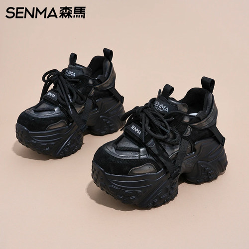 森马黑色老爹鞋女2025新款高级感轻便厚底小个子增高8CM休闲鞋潮