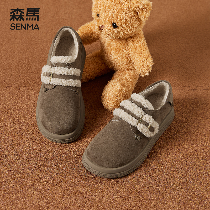 森马暖云棉鞋女2025新款冬季加绒保暖厚底外穿百搭休闲英伦风单鞋