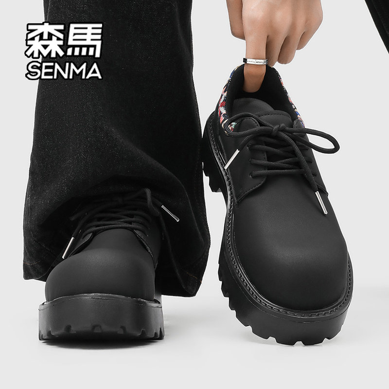 森马德比鞋男款2026新款春季厚底增高黑色休闲皮鞋工装风大头鞋W
