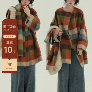 稀有RARE 彩虹格子带围巾双面尼外套文艺简约上衣女 安徒生童话