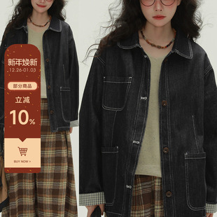稀有RARE 原色牛仔格子拼接外套文艺复古休闲宽松百搭简约牛仔衣