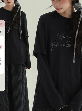 稀有RARE 木耳边假两件长袖复古文艺舒适简约百搭休闲打底上衣女