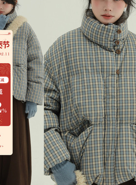稀有RARE“松果格绒”休闲格子羽绒服复古格纹立领短款保暖外套女