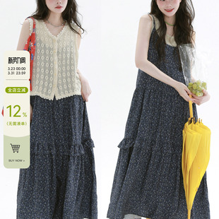 稀有RARE蓝色碎花吊带连衣裙日系复古风碎花裙气质甜美叠穿吊带裙