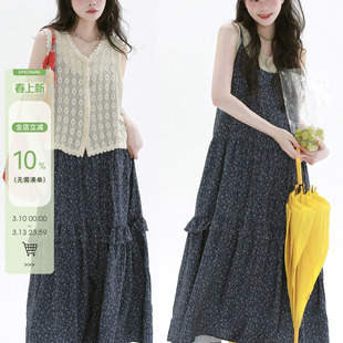 稀有RARE蓝色碎花吊带连衣裙日系复古风碎花裙气质甜美叠穿吊带裙