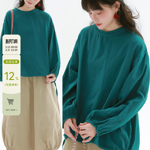 宽松舒适设计感上衣女 日系慵懒风长袖 稀有RARE 圆领下摆抽绳衬衫