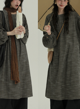 稀有RARE 日系可拆卸领子竖条纹连衣裙文艺复古休闲舒适简约长裙