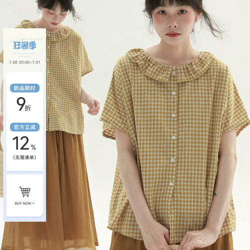 稀有RARE“田园”花边领格子衬衫日系森女风短袖衬衫休闲百搭上衣