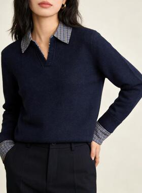 假两件针织衫Polo领格纹打底衣内搭高级感春秋毛衣女装洋气藏蓝色