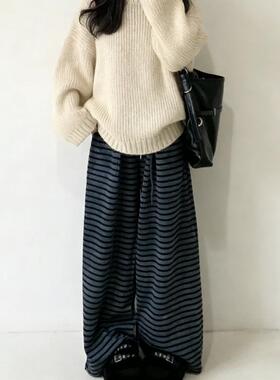 灰色条纹宽松阔腿裤女秋冬季加绒高腰垂感小个子慵懒松弛感休闲裤