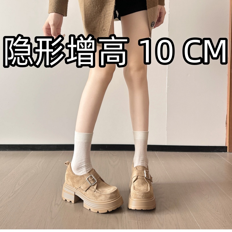 内增高勃肯鞋女10cm一字扣真皮小个子33工作隐形乐福鞋卡其色厚底