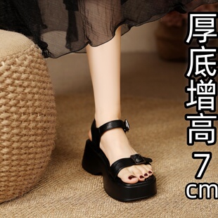 凉鞋女夏外穿黑色百搭小个子小码33显高增高7cm配裙子 不累脚厚底
