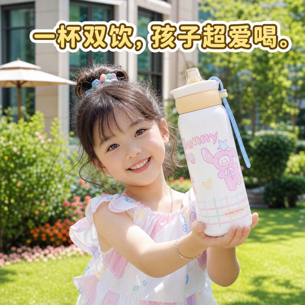 儿童专用涂鸦保温杯不锈钢带提绳防漏耐摔幼儿园宝宝喝水杯FX
